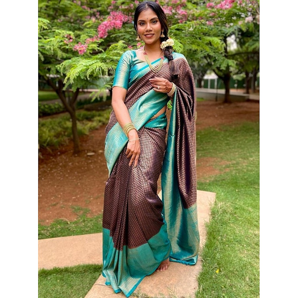 Dark blue and rama jacquard weaving work banarasi silk saree for wedding