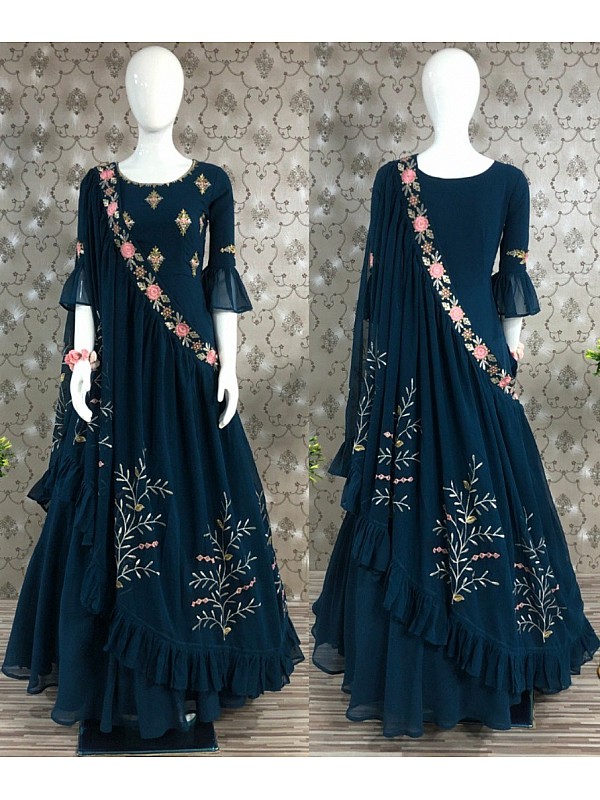 Navy Blue Floral Embroidered Layered Indo Western Gown