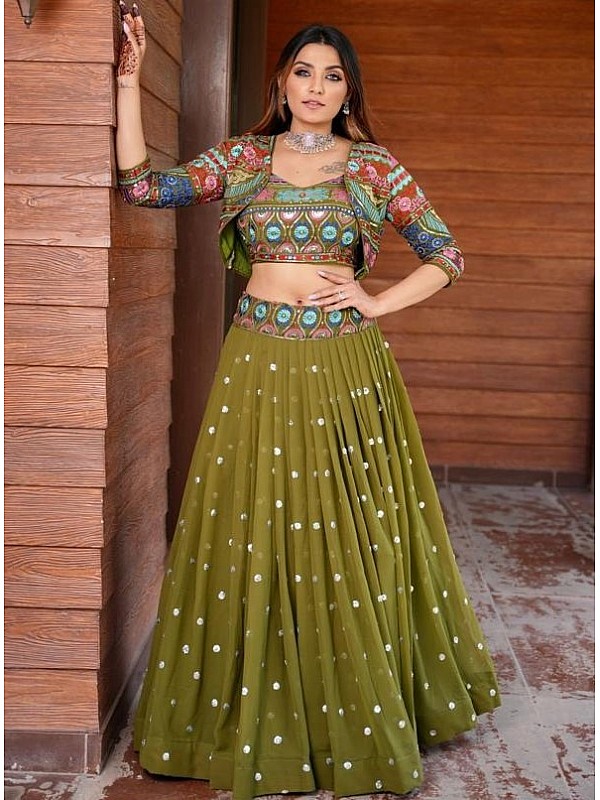 Peach Chinon Mirror Worked Crop Top Lehenga Set with Jacket