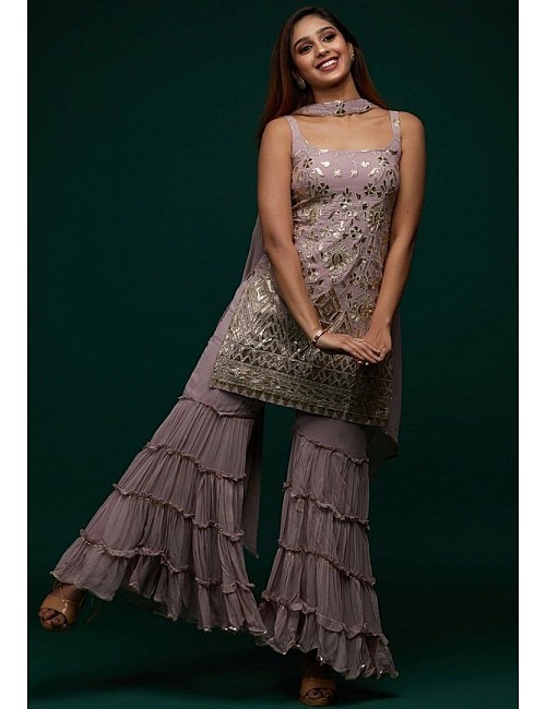 Dusty rose georgette embroidered sharara suit