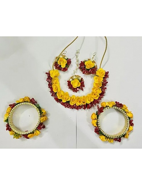 Golden Yellow Flower Jewellery Set for Women & Girls (Mehandi/Haldi/Bridal/Baby Shower/Marriage/Wedding)