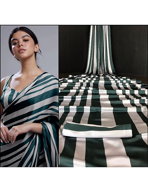 Green and grey stripe printed party wear saree