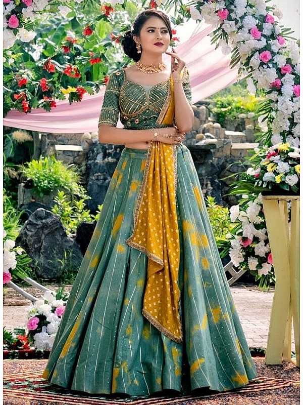 Yellow & Grey Wedding Wear Woven & Embroidered Silk Lehenga Choli
