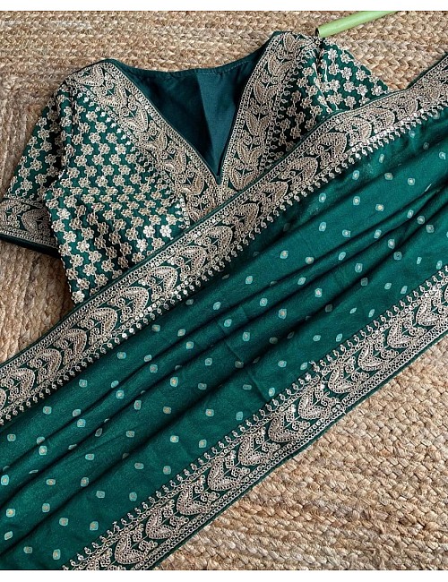 Green silk heavy embroidery work designer wedding saree