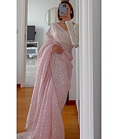 Light baby pink organza silk heavy thread embroidery work saree for ceremony