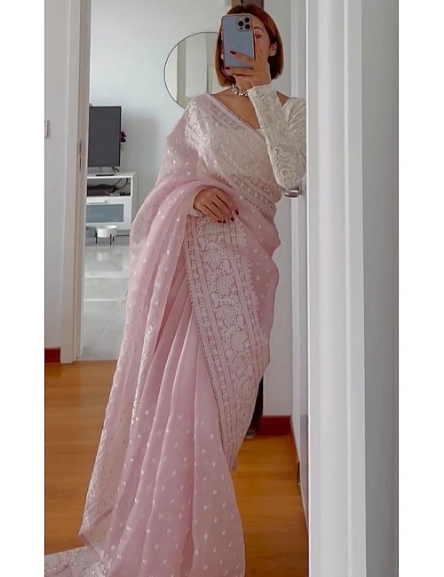 Light baby pink organza silk heavy thread embroidery work saree for ceremony