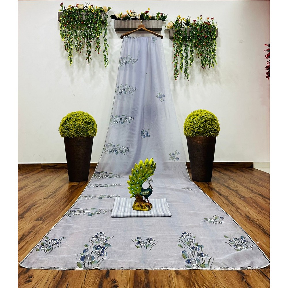 Light grey khadi organza print and handworked saree