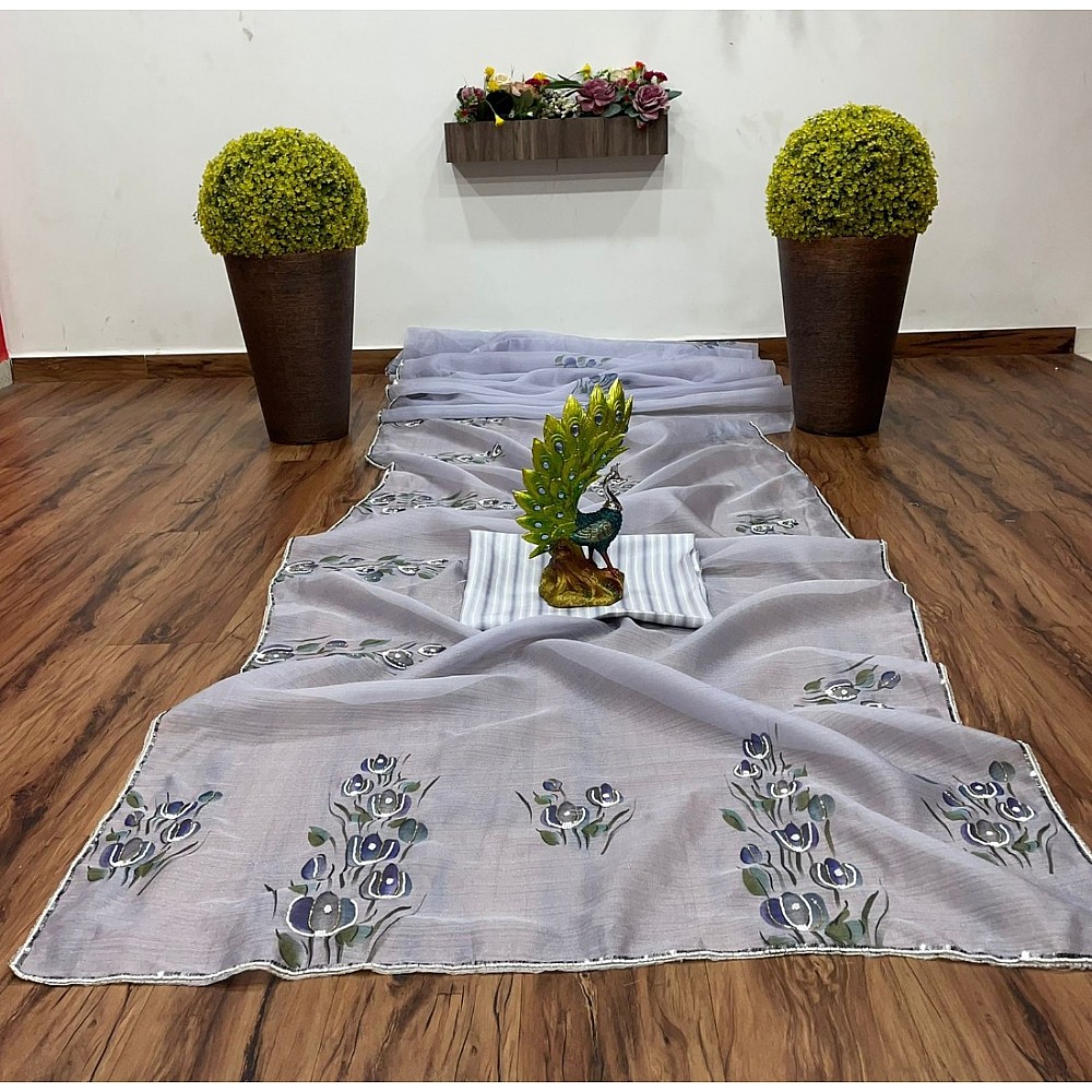 Light grey khadi organza print and handworked saree