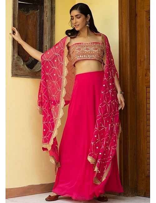 Magento red georgette embroidered sequence work plazzo suit with dupatta