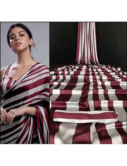 Maroon and grey stripe printed party wear saree