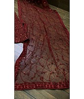 Maroon net heavy sequence and dori work embroidered bridal lehenga choli