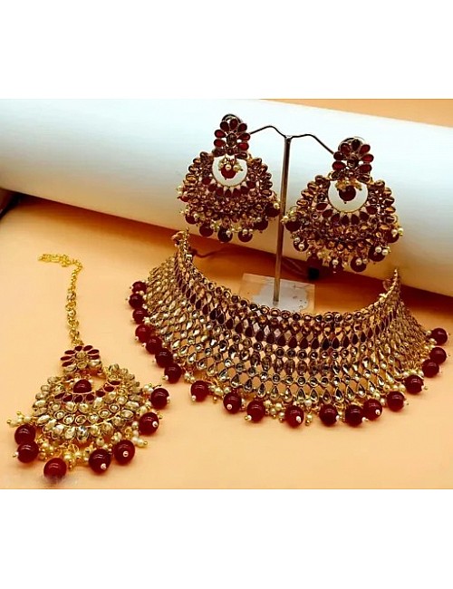 Maroon Pearls Gold Plated Jewellery Set for Women