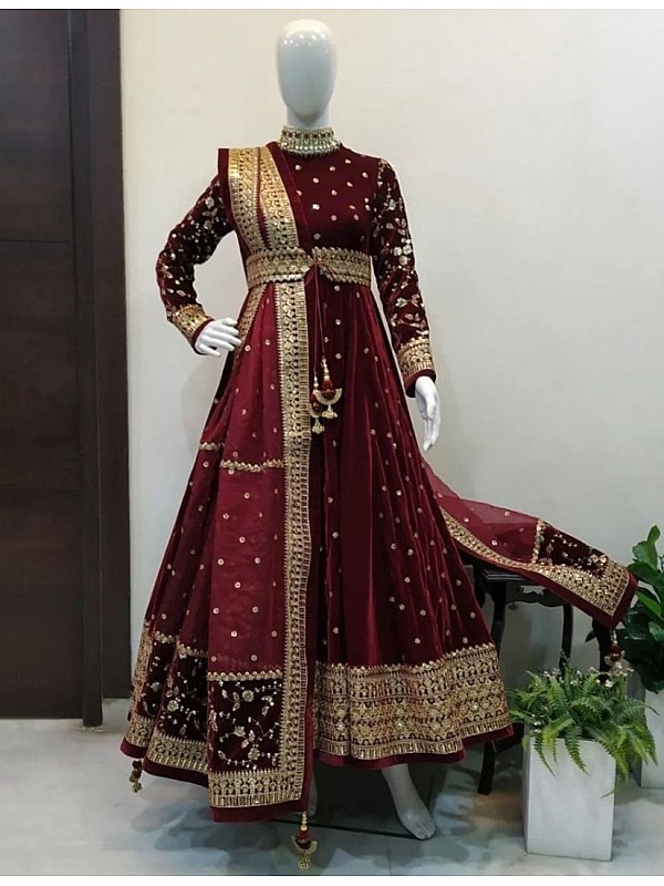Maroon Velvet Long Indo Western Gown for Evening Party WJ66520