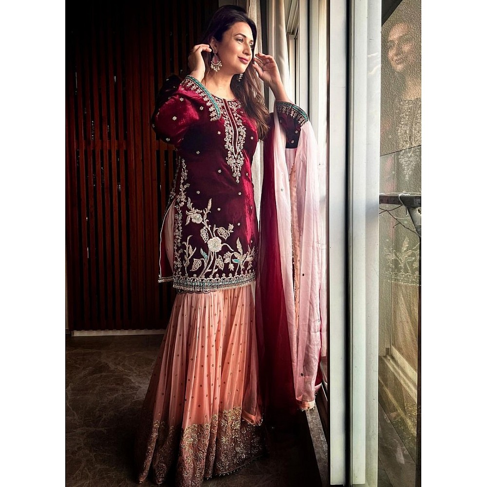 Sharara Suits : Maroon velvet top embroidery work sharara ...