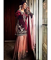 Maroon velvet top embroidery work sharara suit for wedding