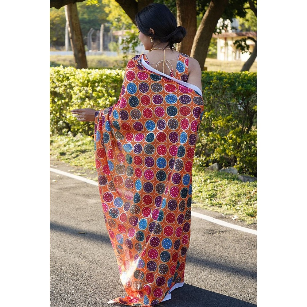 Multicolor chinon silk digital print and sequence work saree