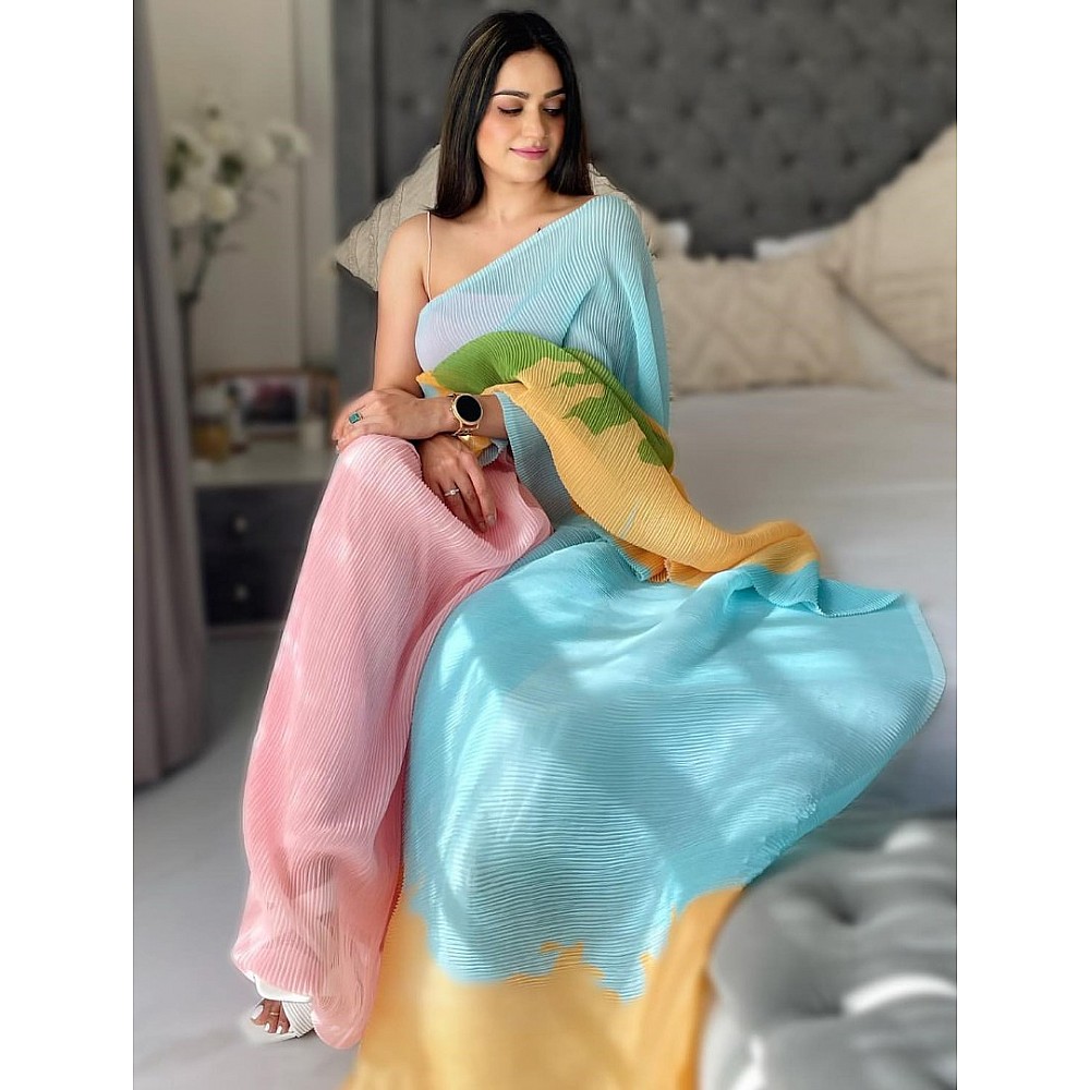 Multicolor georgette pleated designer printed saree