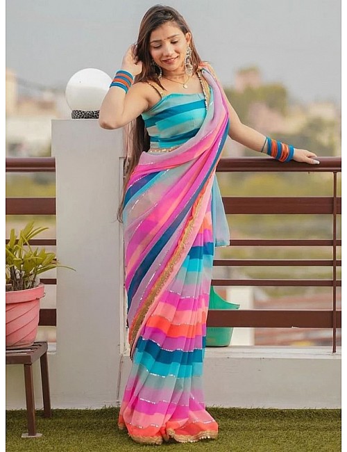 Multicolor georgette printed and embroidered saree