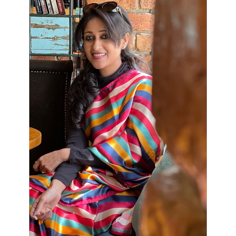 Multicolor stripe printed fancy party wear saree