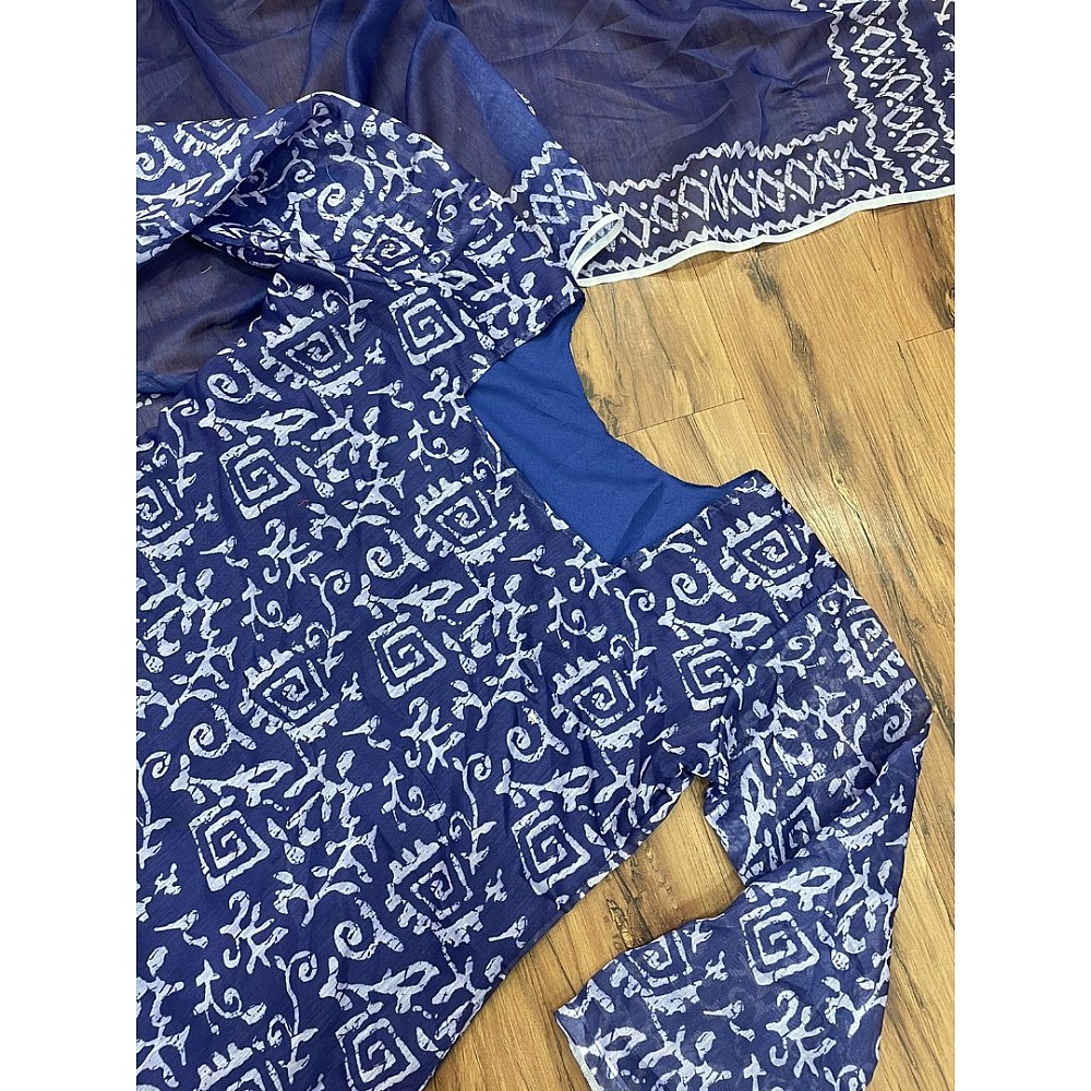 Navy blue chanderi silk printed churidar salwar suit