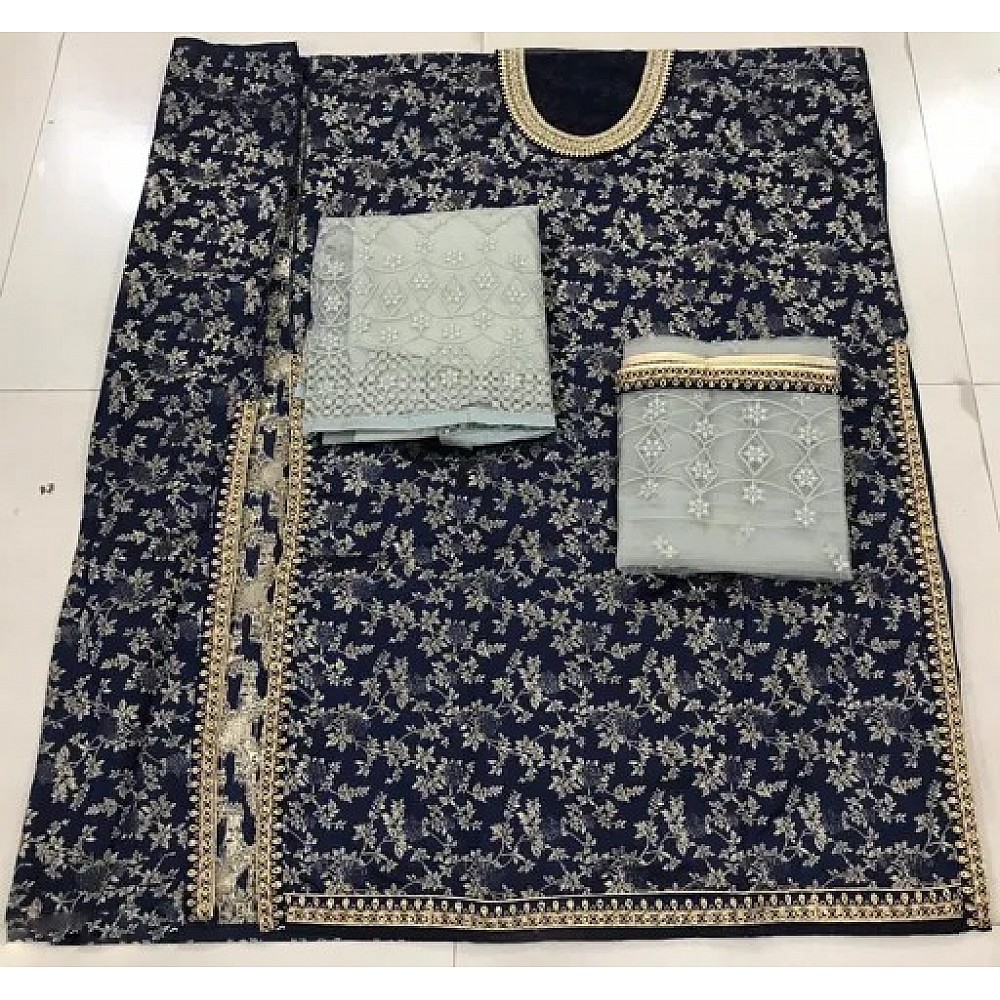 Navy blue Jacquard Embroidery work and Diamond stone Plazzo Suit