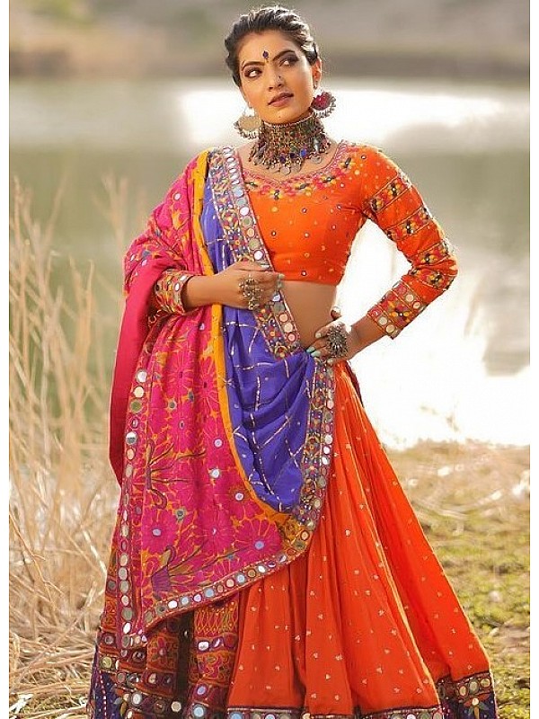 Eid Special Scrupulously Embroidered Fancy Fabric Bridal Wear Pink-Orange  Color Lehenga Style Saree
