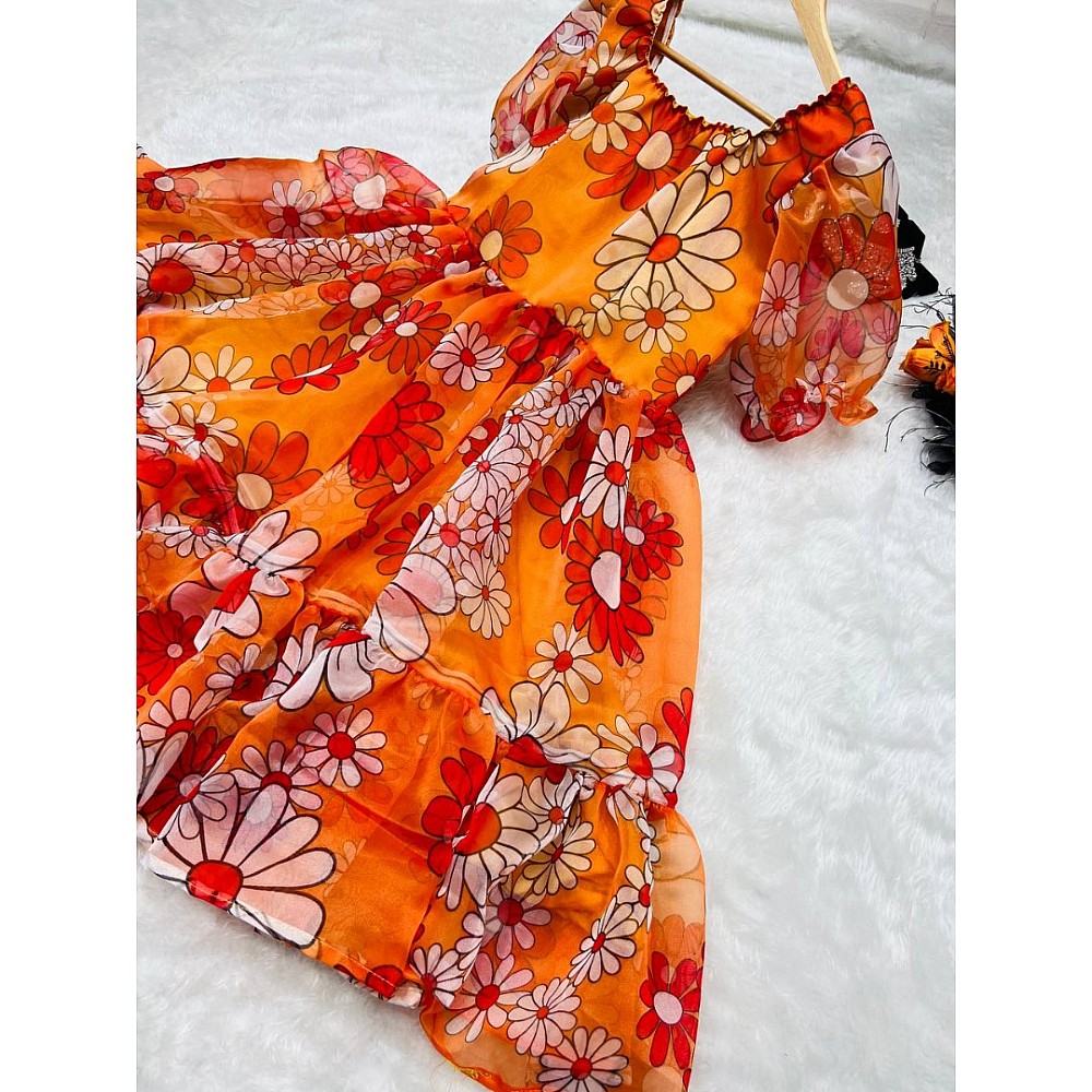 Orange organza floral printed ruffle stitched frock kurti