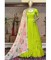 Parrot green georgette unbrella flair long gown with printed dupatta