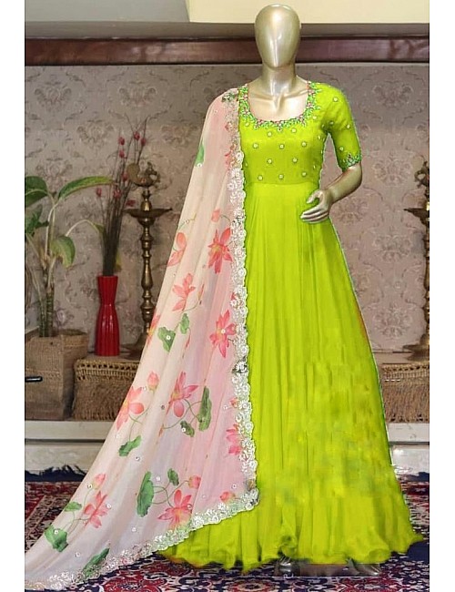 Parrot green georgette unbrella flair long gown with printed dupatta