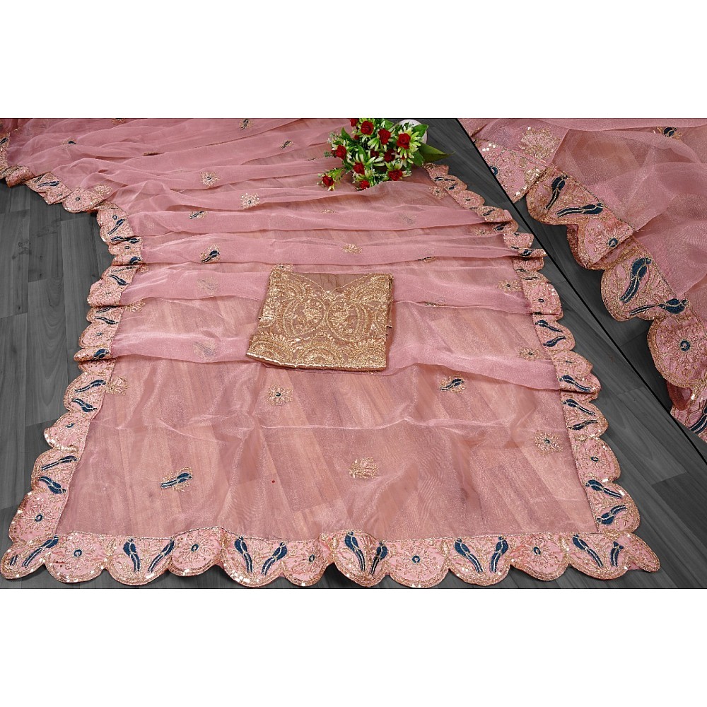 Peach organza embroidered saree