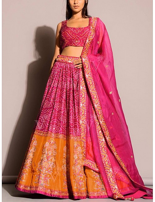 Pink and orange print thread sequence embroidered designer wedding lehenga choli