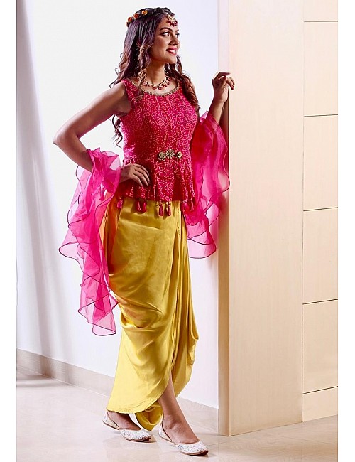Pink and yellow printed ruffle top dhoti suit 