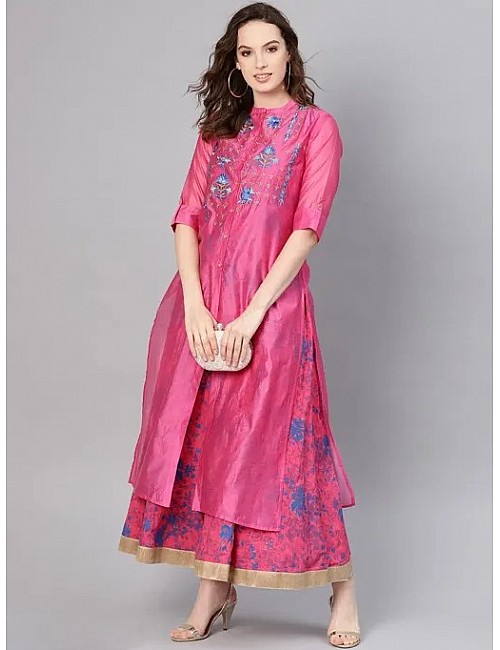 Pink crepe print and embroidered two piece kurti