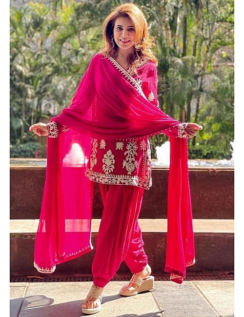 Pink georgette embroidered dhoti suit