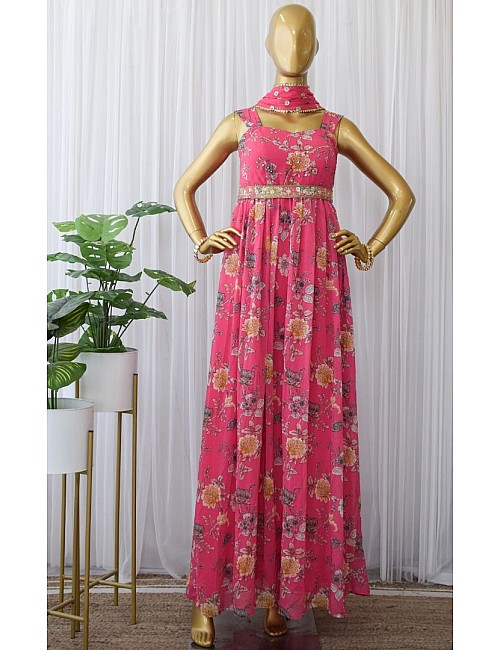 Pink georgette flower printed and sequence work gown