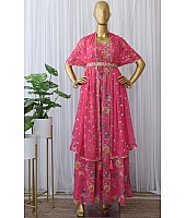 Pink georgette flower printed and sequence work gown