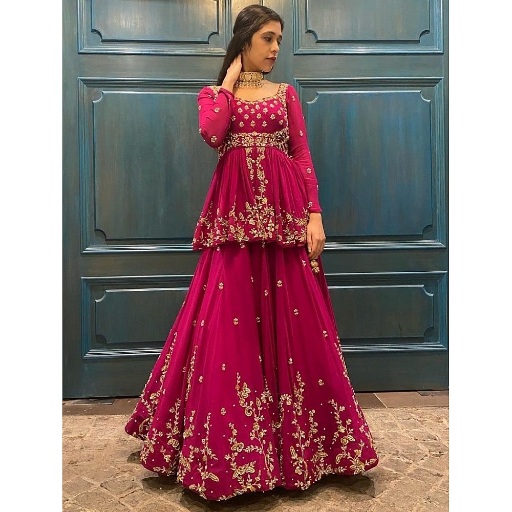 Pink georgette heavy embroidered wedding lehenga with long choli