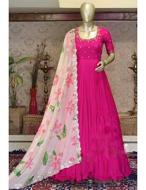 Pink georgette unbrella flair long gown with printed dupatta