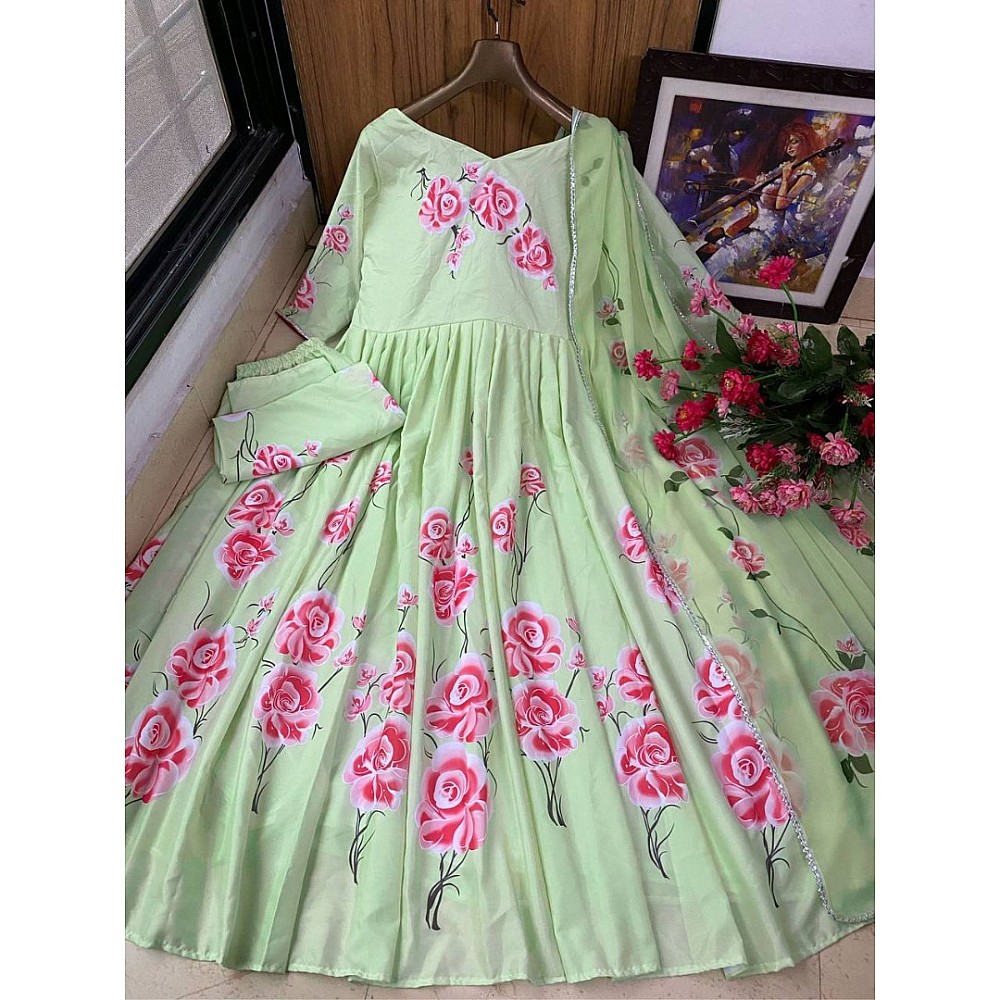 Pista green butter silk floral printed ethnic gown