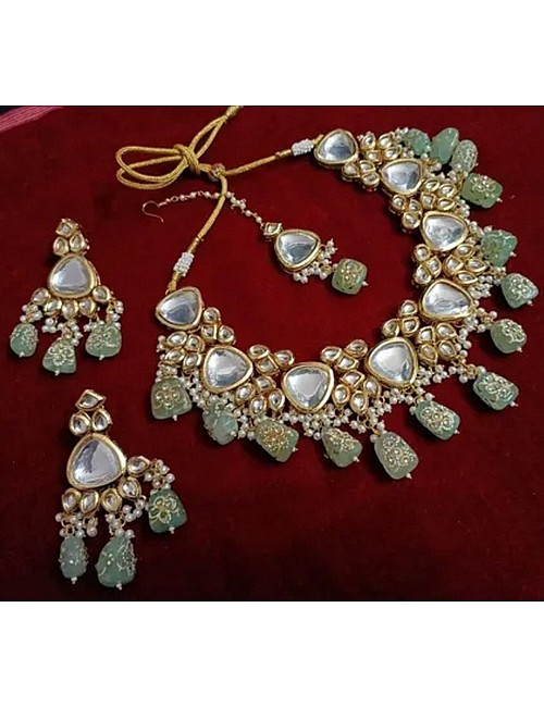 Pista Green Kundan Necklace Set With Earring For Women