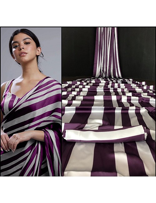 Purple and grey stripe printed party wear saree