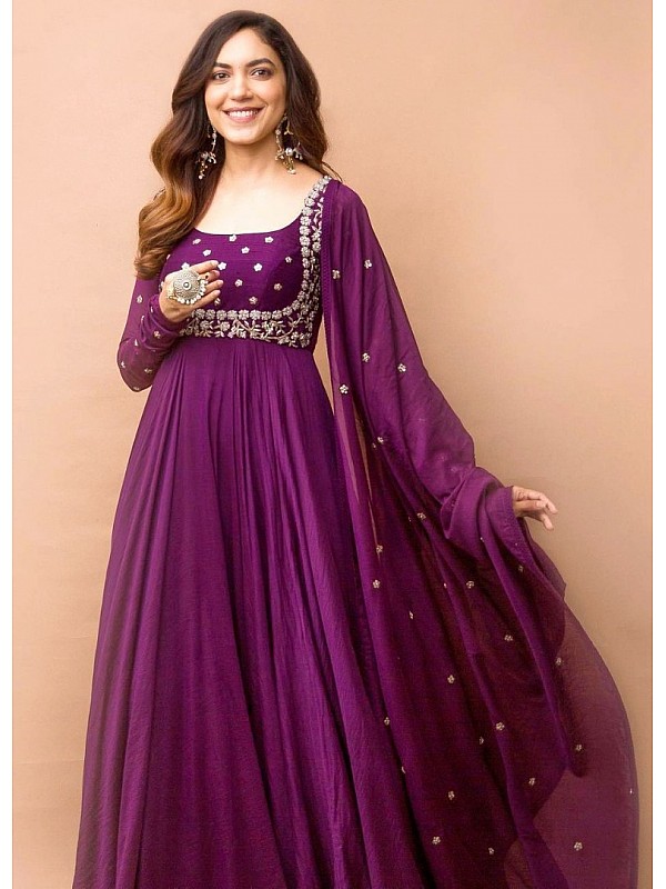 Dark Purple Embroidered Long Anarkali Gown Mother Daughter Combo