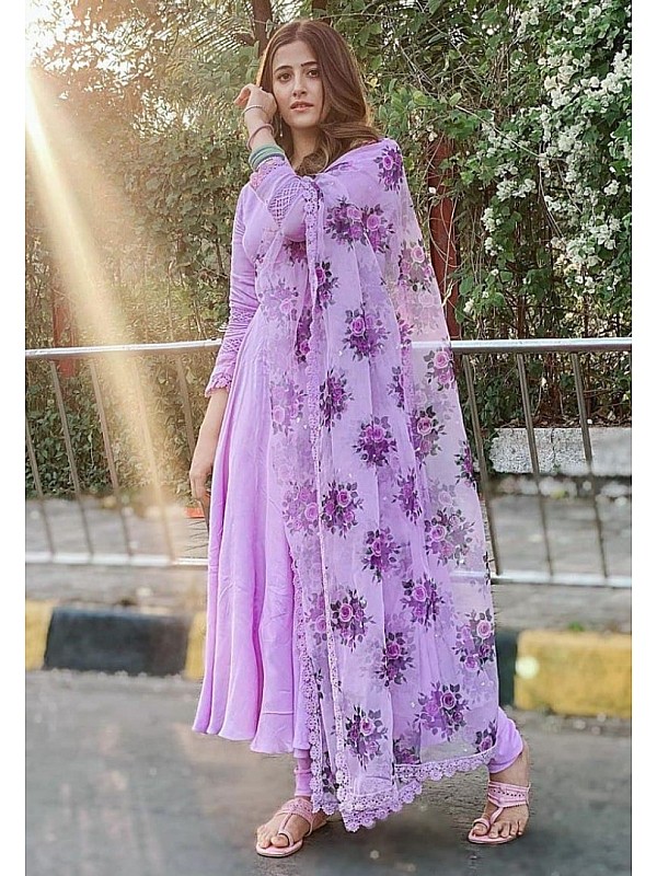 Purple Embroidery Work Faux Georgette Anarkali Gown