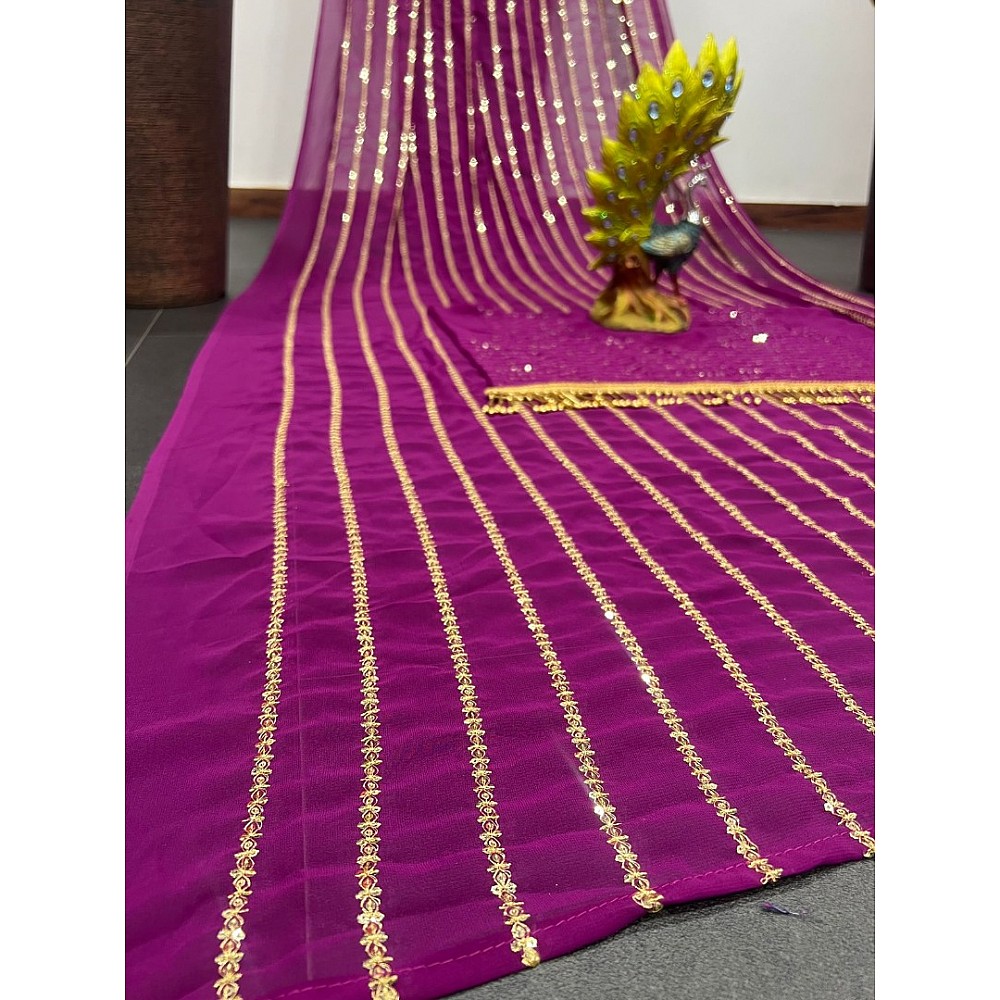 Purple georgette thread and sequence work party wear saree