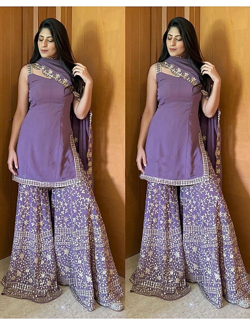 Purple sequence embroidery work designer palazzo suit