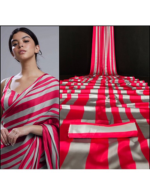 Red and grey stripe printed party wear saree