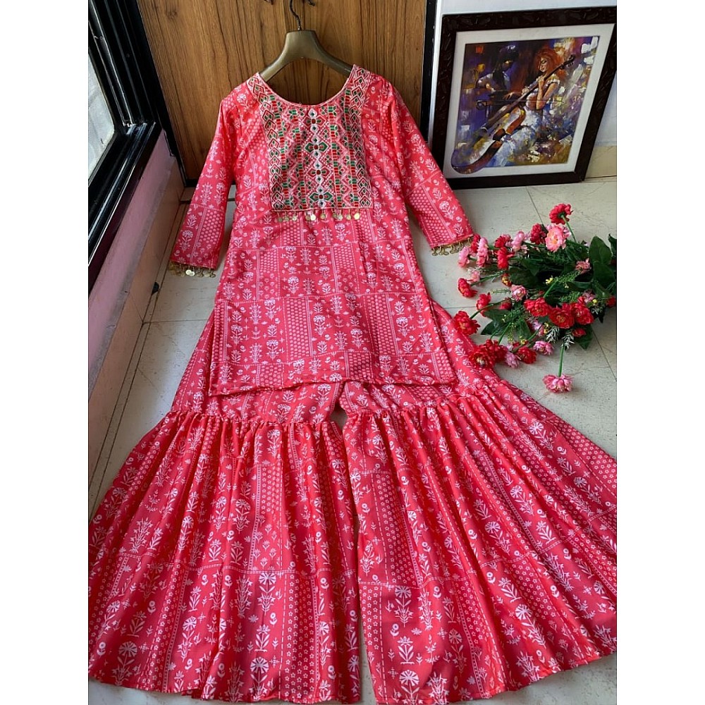 Red butter silk embroidered and printed sharara suit