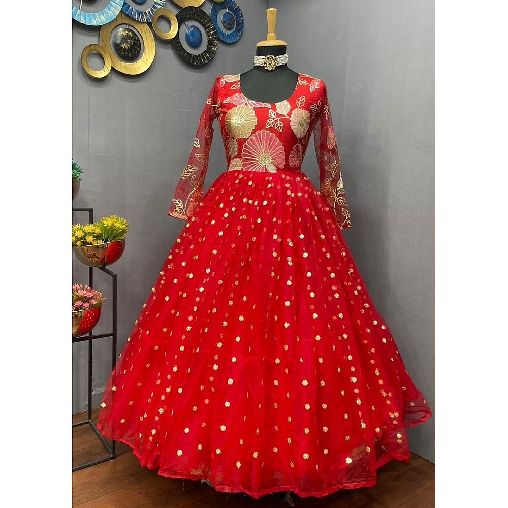 Red georgette and soft net embroidered gown