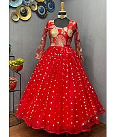 Red georgette and soft net embroidered gown