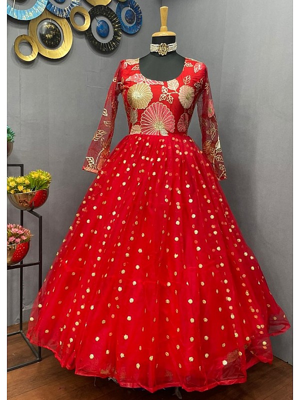 W919725516626RED NET SEQUENCE WORK 3 LAYER STITCHED GOWN  Gowns Gown  pattern Ruffles fashion